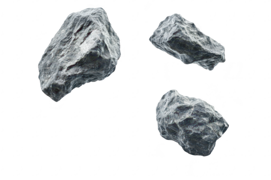 Three floating rocks against a white background. their textured surfaces and shadows. ideal for backgrounds or natural-themed designs