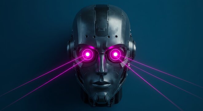 Dark metallic robot head intensely glowing with vibrant purple laser beams from digital eyes on a blue background. AI Generated