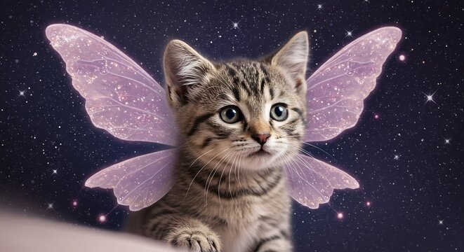 Whimsical tabby kitten with sparkling fairy wings gently floats in a mystical starry cosmos. AI Generated - Powered by Adobe