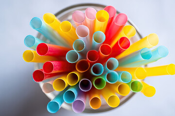 Colorful plastic drinking straws in a container