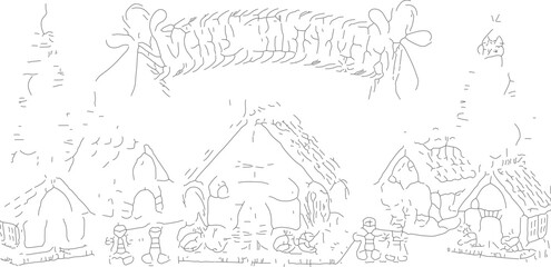 Obraz premium Whimsical Village Scene with Festive Banner and Cozy Huts.