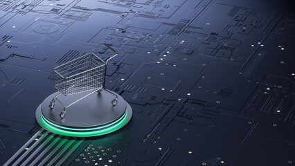 3D rendering of a shopping cart on a glowing platform atop a futuristic circuit board illustrating digital e - commerce technology