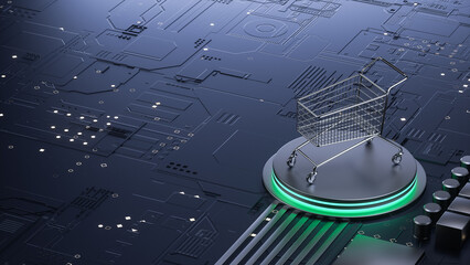 3D rendering of a shopping cart on a glowing platform atop a futuristic circuit board illustrating digital e - commerce technology
