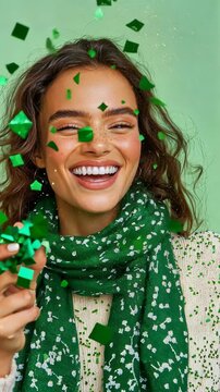 Joyful celebration with sparkling green confetti and smiling woman in cozy sweater