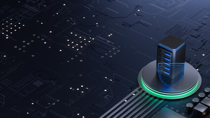 Digital art depicting a protected server on high - tech motherboard for IT security and data protection visualizations