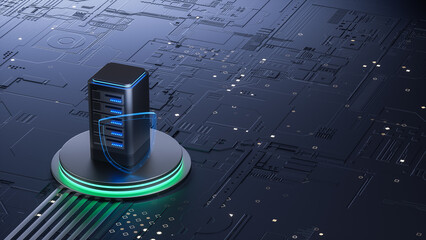 3D rendering of secure server with protective shield on electronic circuit board for cyber security concepts