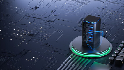 3D rendering of secure server with protective shield on electronic circuit board for cyber security concepts