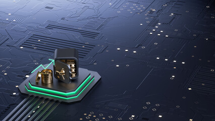 D Rendering of Fintech Security Concept Featuring Safe, Gold, and Futuristic Circuit Board for Digital Finance Visuals