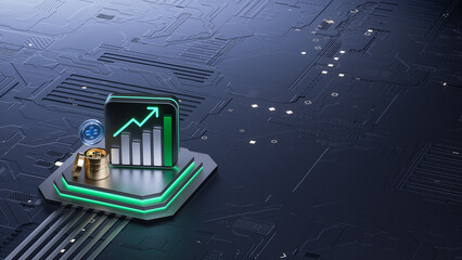 3D rendering of upward financial bar chart, stacked gold coins, and plus icon on futuristic circuit board for fintech concepts