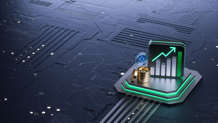 3D rendering of upward financial bar chart, stacked gold coins, and plus icon on futuristic circuit board for fintech concepts