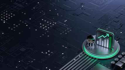 3D rendering of financial growth chart and bank icon on digital circuit board for fintech concept 
