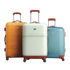 Three sets of modern suitcases on wheels and without wheels on white background