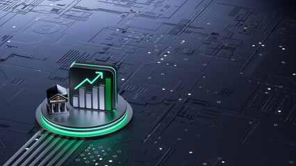  3D rendering of financial growth graph and bank icon on circuit board for fintech concept