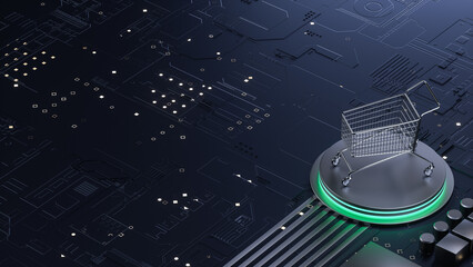 Digital Art Depicting Shopping Cart on High - Tech Circuitry to Illustrate Online Shopping and Technology - Driven Commerce Trends