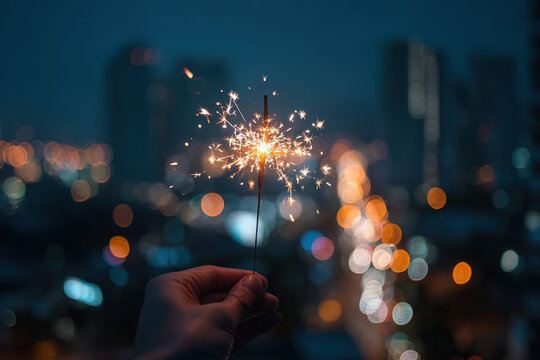 Sparkler in hand with city lights in the background at night