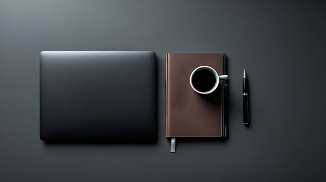 Flat lay knolling photography of sleek modern office desk workspace with black laptop notebook and coffee on dark background - Powered by Adobe