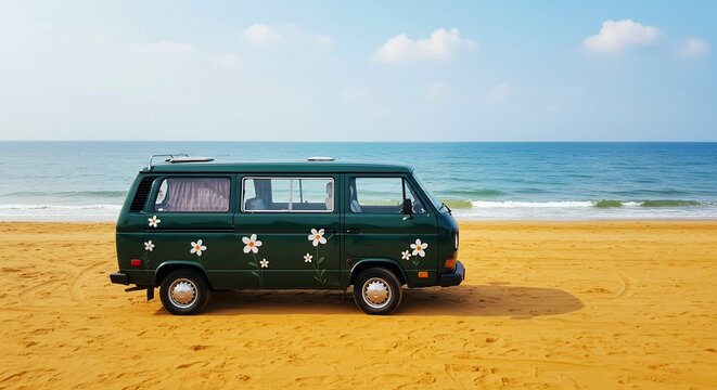 Quaint green camper van with charming flower decals parked serenely on a sun-kissed golden beach beside a tranquil blue sea.. AI Generated