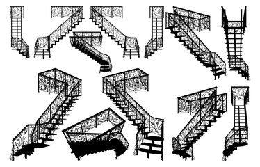 Staircases Vector. Decorative Stairs With Retro Vintage Ornamental Wrought Iron Railing. Illustration Isolated On White Background. 