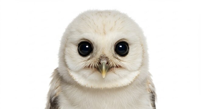 Curious fluffy owlet with big dark captivating eyes stares intently forward against a pristine white studio background. AI Generated