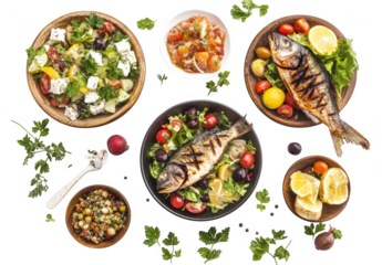 A and colorful arrangement of grilled fish served on a bed of fresh greens. accompanied by various salads and garnishes. set against a bright white background. perfect for culinary presentations