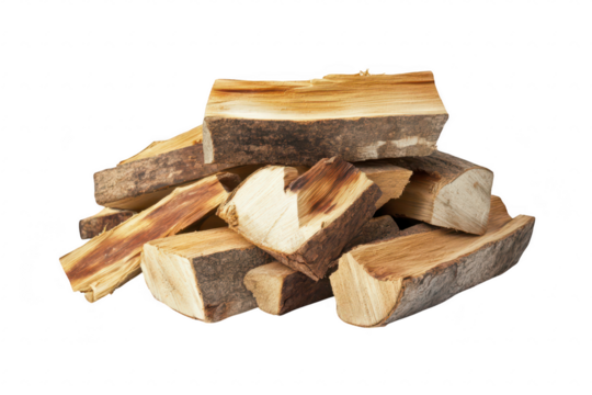 A neatly stacked pile of firewood logs various textures and colors. set against a clean white background. ideal for home decor. outdoor activities. or seasonal themes