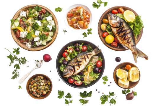 A and colorful arrangement of grilled fish served on a bed of fresh greens. accompanied by various salads and garnishes. set against a bright white background. perfect for culinary presentations