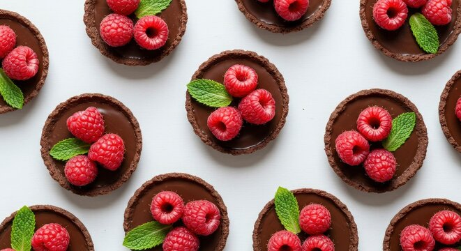 Delicious Chocolate Raspberry Tarts with Mint Garnish - Powered by Adobe