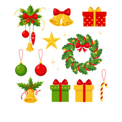 Christmas Decorative Elements Vector Set – Holiday Ornaments, Gift Boxes, Bells, and Wreath Illustration