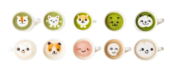 Fototapeta premium A delightful arrangement of artistic latte art featuring cute animal designs in green and brown beverages. set against a clean white background. perfect for a caf? or food blog