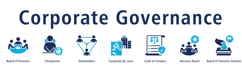 Corporate governance web banner icon vector illustration concept with icon of board of directors, chairperson, stakeholders, corporate by laws, code of conduct, advisory board, and election.
