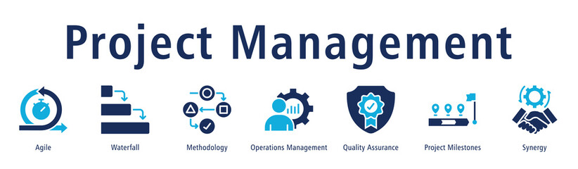 Project management web banner icon vector illustration concept with icon of agile, waterfall, methodology, operations management, quality assurance, project milestones, and synergy.