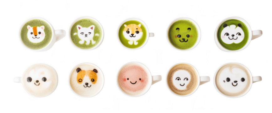 A delightful arrangement of artistic latte art featuring cute animal designs in green and brown beverages. set against a clean white background. perfect for a caf? or food blog