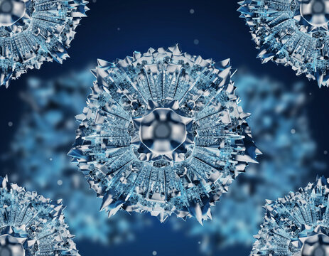 Symmetrical, intricate, mandala-like pattern composed of sharp, icy crystalline structures in blue and white. Abstract geometric design for winter, frost, and fractal themes.
