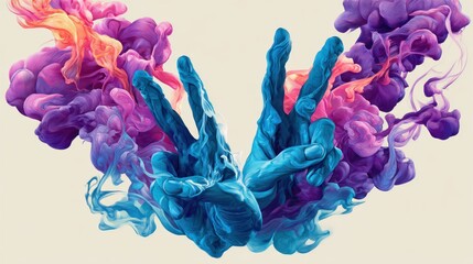 Two hands making peace signs, swirling vibrant ink