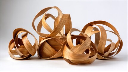 Group of light brown, intricately woven wooden spheres and forms on a plain white background