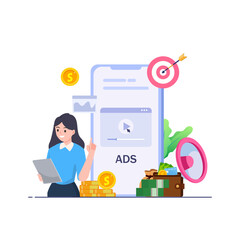 concept of Pay per click, PPC, paid advertising campaign displays ads on websites that generate revenue for publishers, Advertising or advertising, Promoting a brand to an audience, internet.