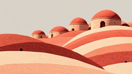 Desert village with terracotta-hued hills