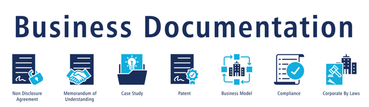 Business documentation web banner icon vector illustration concept with icon of non disclosure agreement, memorandum of understanding, case study, patent, business model, and compliance.