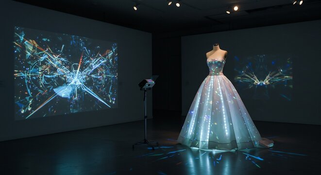 Projected abstract light patterns transform an elegant gown into a stunning illuminated art piece. AI Generated