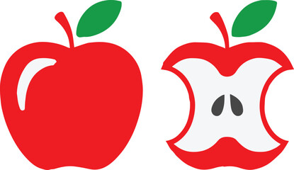 apple icon set with whole fruit and core simple vector silhouette