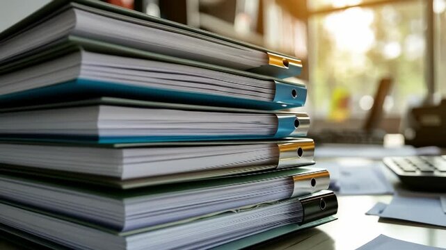 Stack of files on a desk with a computer in the background, office setting.