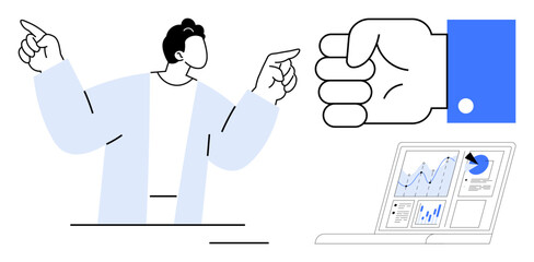 Person gesturing emphasis, wristwatch symbolizing time, laptop displaying analytics and charts. Ideal for productivity, strategy, management, planning, efficiency, decision-making simple flat
