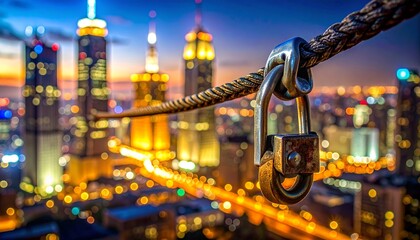 macro closeup window washer cable clip night skyscraper metal rust micro wear reflection city light glow detail industrial safety gear illuminated urban structure fine texture scene