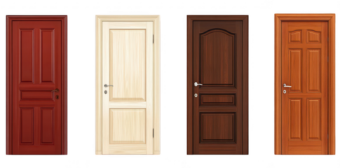 A collection of four distinct wooden doors various styles and colors. including red. beige. dark brown. and light brown. set against a plain white background. ideal for home improvement projects