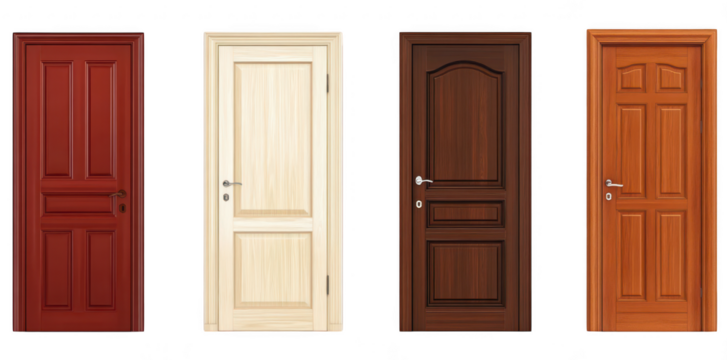 A collection of four distinct wooden doors various styles and colors. including red. beige. dark brown. and light brown. set against a plain white background. ideal for home improvement projects