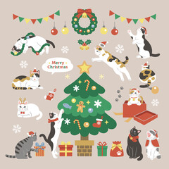 クリスマスを楽しむかわいい猫のイラスト