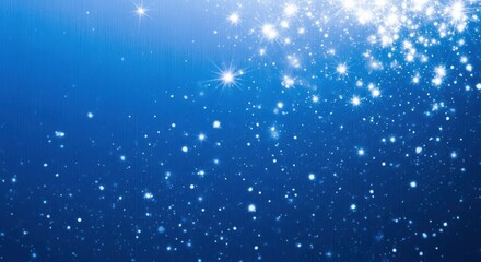 Abstract blue background with sparkling white light particles and bokeh effect, creating a magical and festive atmosphere suitable for winter holiday or celebration themes