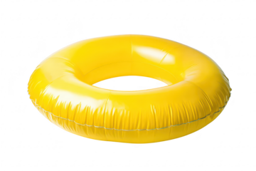 A yellow inflatable inner tube designed for water activities. resting on a clean white background. ideal for summer fun at pools. lakes. or beaches. perfect for promotional or stock imagery