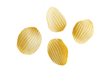A close-up view of four perfectly arranged. wavy potato chips with a striped texture. their golden color against a clean white background. ideal for snack food advertising or culinary presentations