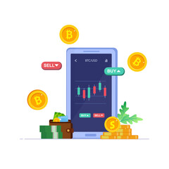 Cryptocurrency trading and growing concept flat illustration vector template, Bitcoin rising, Stock exchange scene with computer, Crypto investment strategy